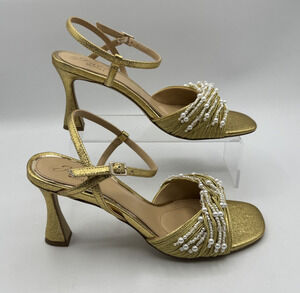 Jewel Badgley Mischka FANNY Gold Glitter BEADED, Ankle Strap, Open Toe Size 9